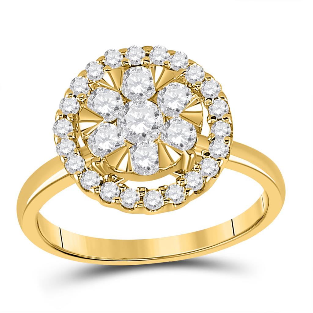 Image of ID 1 14k Yellow Gold Round Diamond Halo Flower Cluster Ring 1 Cttw