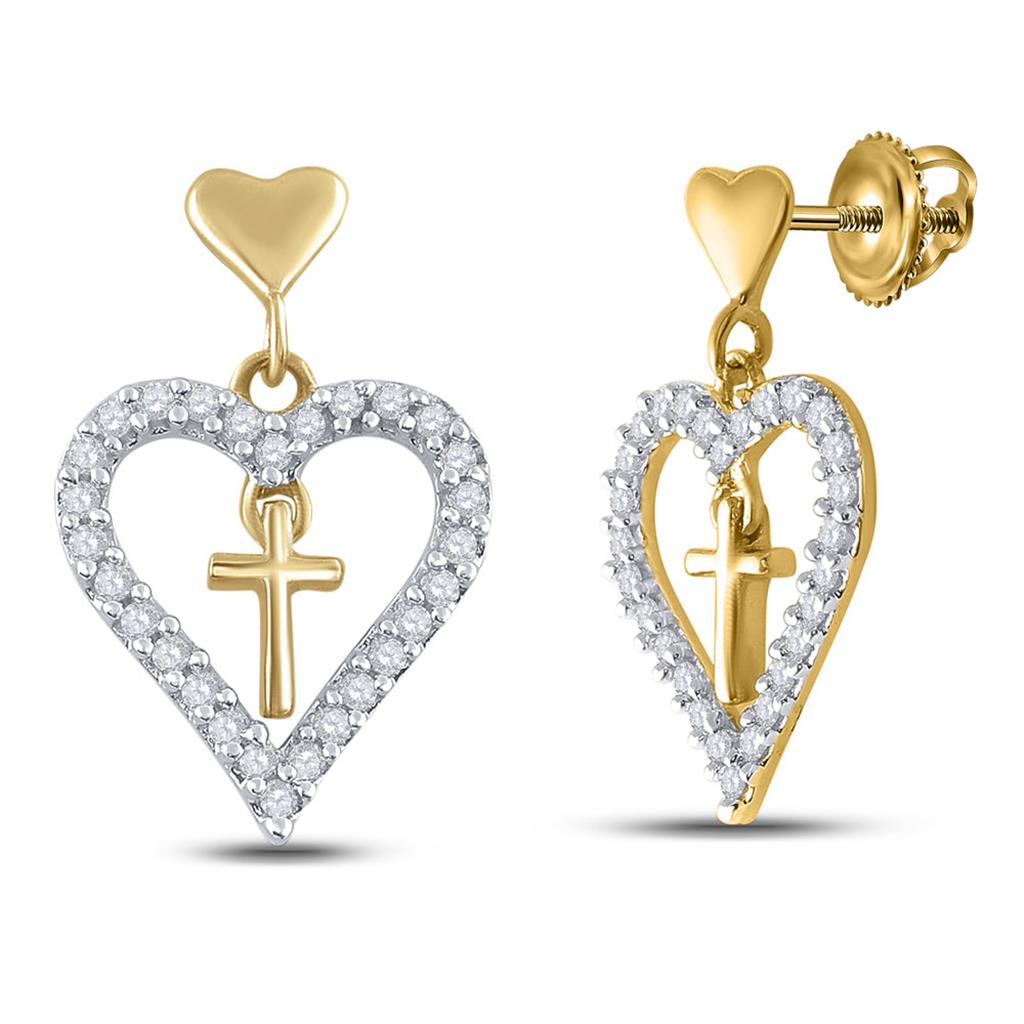 Image of ID 1 14k Yellow Gold Round Diamond Heart Cross Dangle Earrings 1/3 Cttw