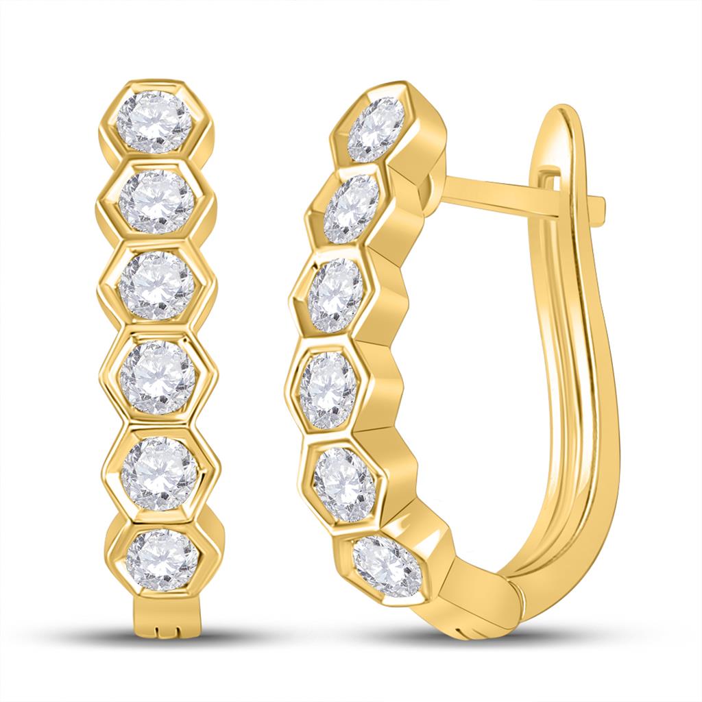 Image of ID 1 14k Yellow Gold Round Diamond Hexagonal Hoop Earrings 5/8 Ctw