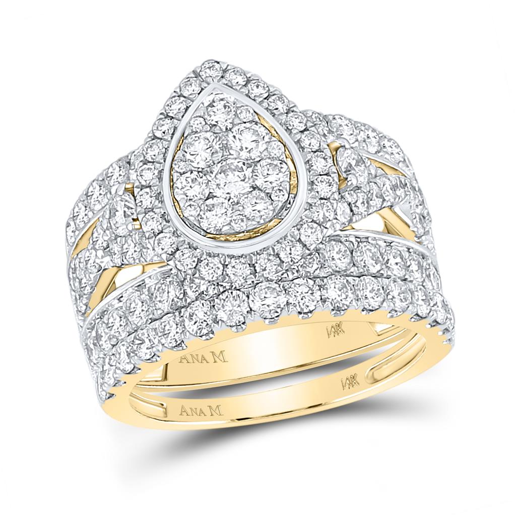 Image of ID 1 14k Yellow Gold Round Diamond Pear Bridal Wedding Ring Set 3 Cttw
