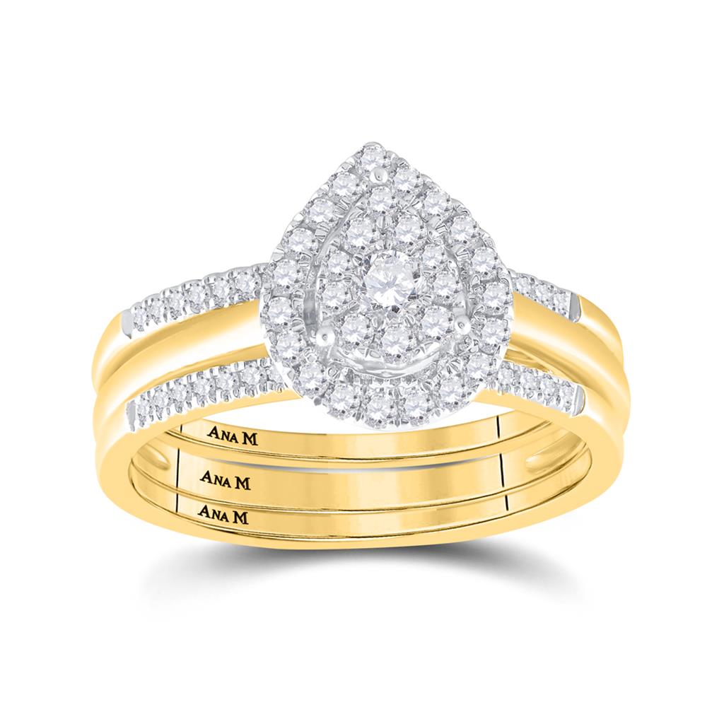 Image of ID 1 14k Yellow Gold Round Diamond Teardrop Cluster Bridal Wedding Ring Set 1/2 Cttw