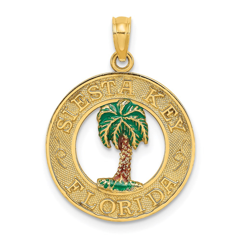 Image of ID 1 14k Yellow Gold SIESTA KEY FL Enameled Palm Tree Circle Charm