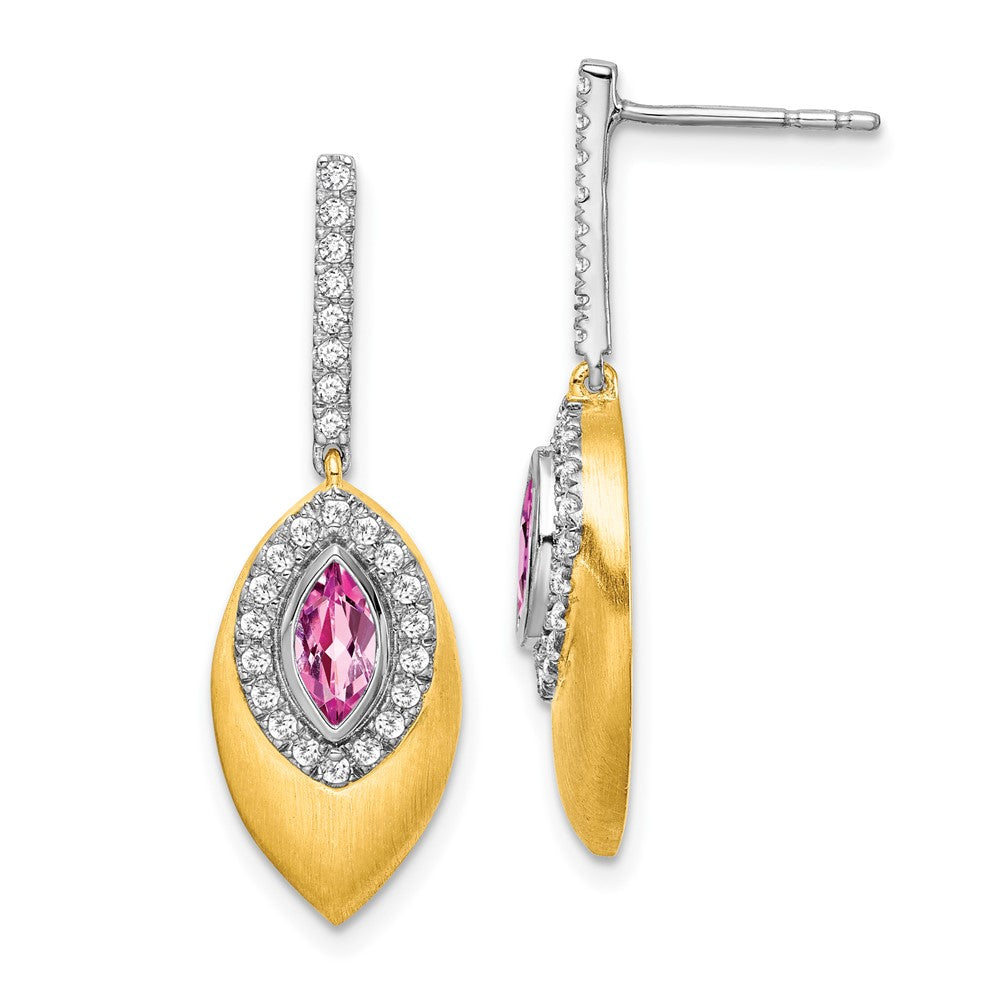 Image of ID 1 14k Yellow Gold Two-tone Created Pink Sapphire and Real Diamond Dangle Earrings