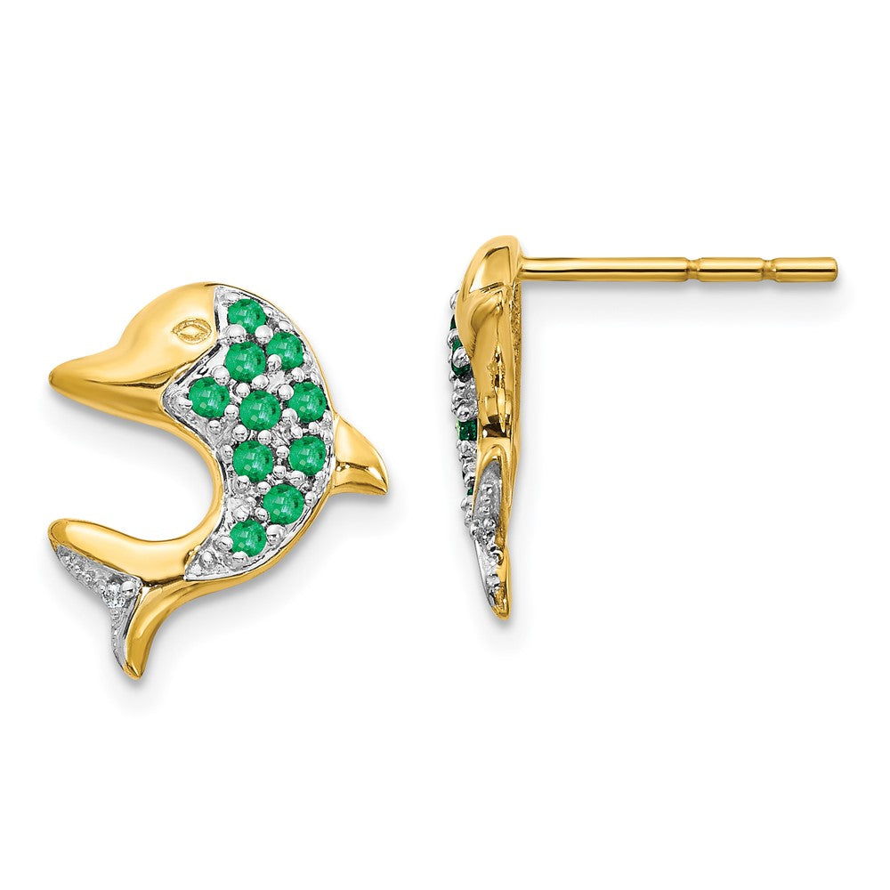 Image of ID 1 14k Yellow Gold and Rhodium Emerald and Real Diamond Dolphin Post Earrings
