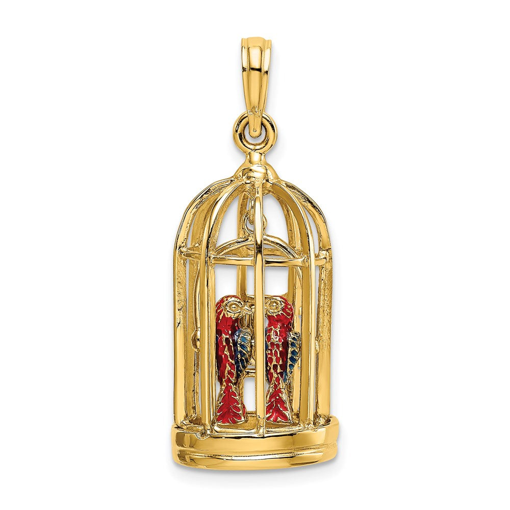 Image of ID 1 14k Yellow Gold w/ Enamel 3-D Bird Cage w/ 2 Birds and Doors Open Charm