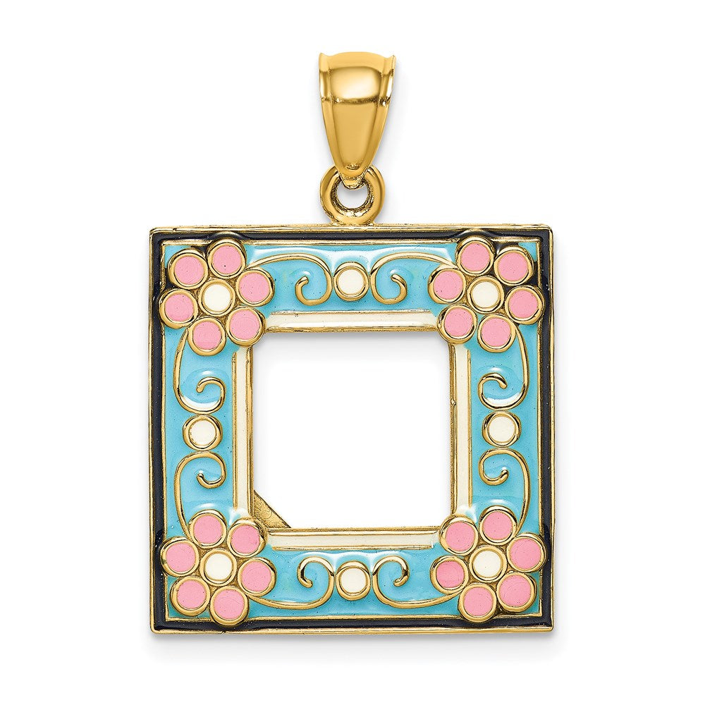 Image of ID 1 14k Yellow Gold w/ Enamel Aqua Floral Picture Frame Charm