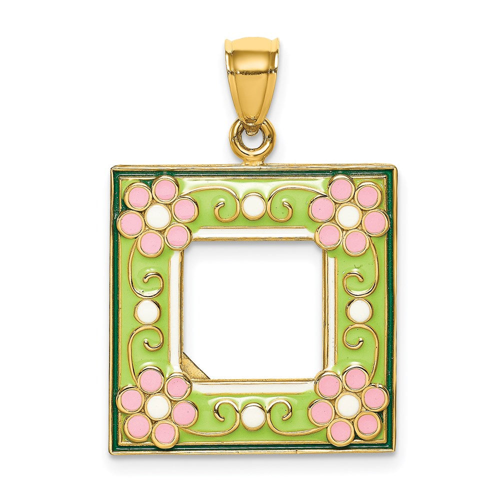 Image of ID 1 14k Yellow Gold w/ Enamel Green Floral Picture Frame Charm