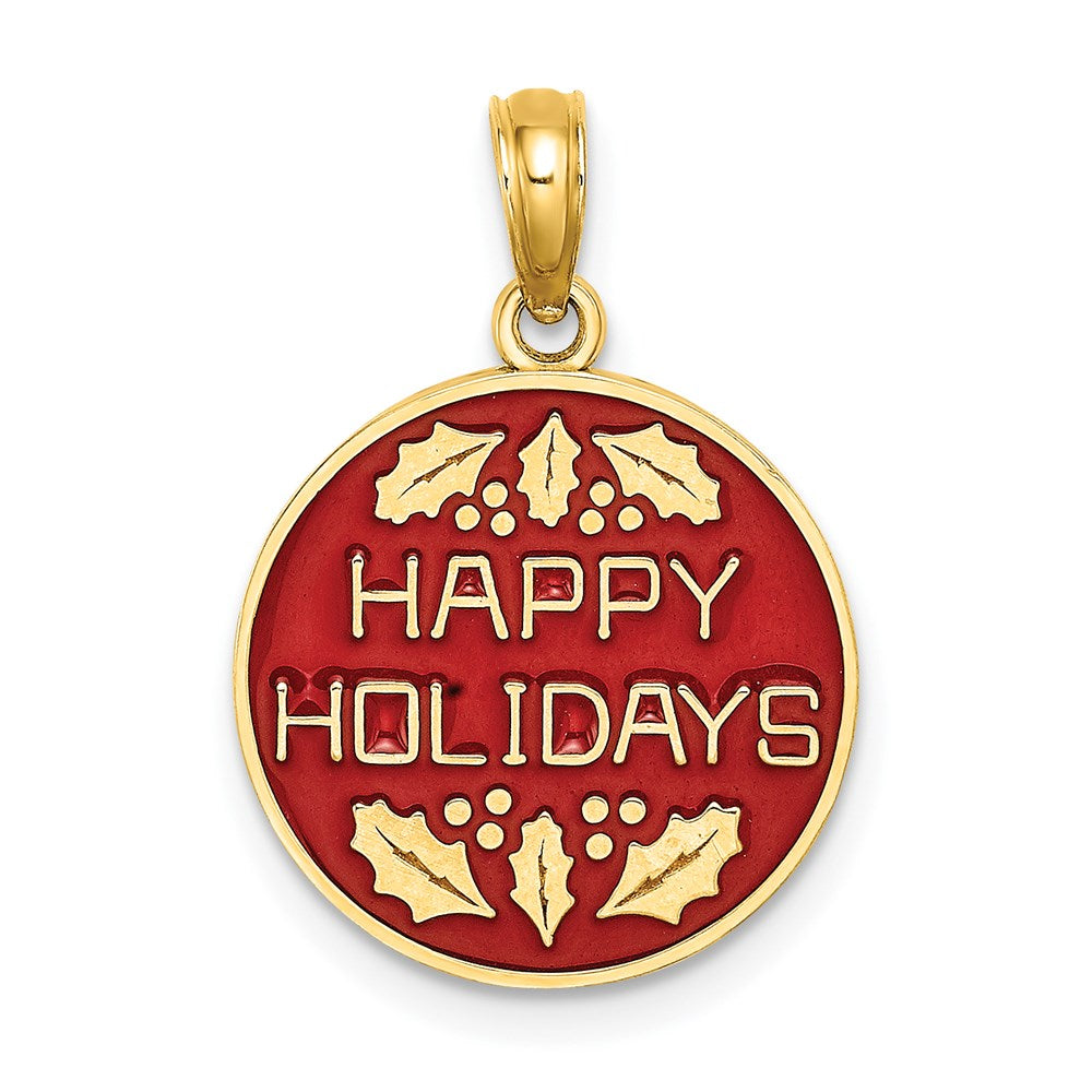 Image of ID 1 14k Yellow Gold w/ Enamel HAPPY HOLIDAYS w/ Holly On Round Disc Charm