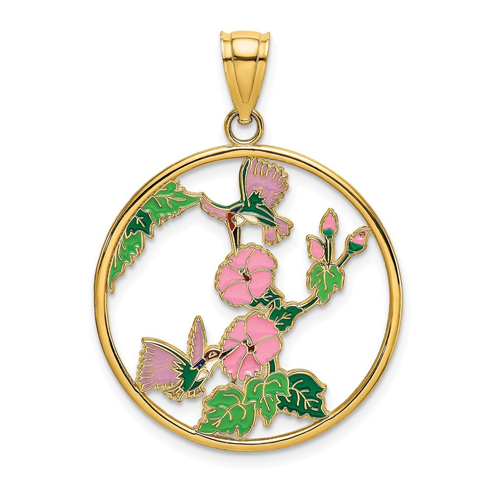 Image of ID 1 14k Yellow Gold w/ Enamel Hummingbirds and Flowers In Circle Charm