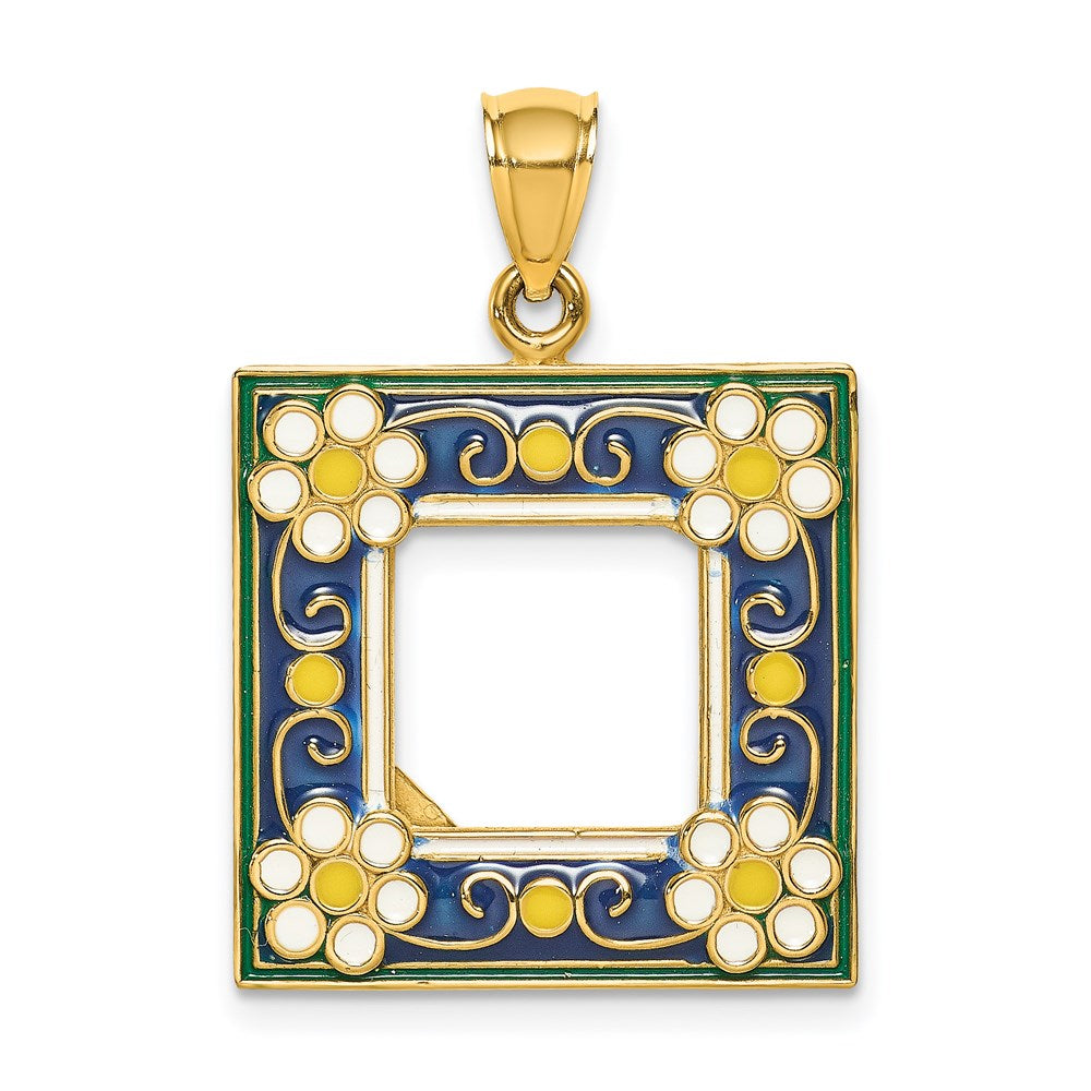Image of ID 1 14k Yellow Gold w/ Enamel Navy Floral Picture Frame Charm