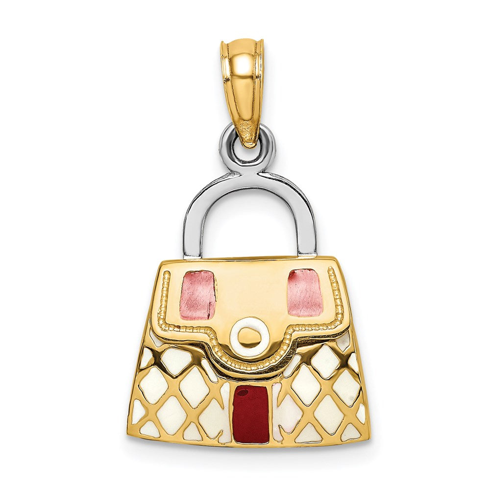 Image of ID 1 14k Yellow & Rhodium Gold 3-D w/Red and White Enamel Opens Handbag Charm