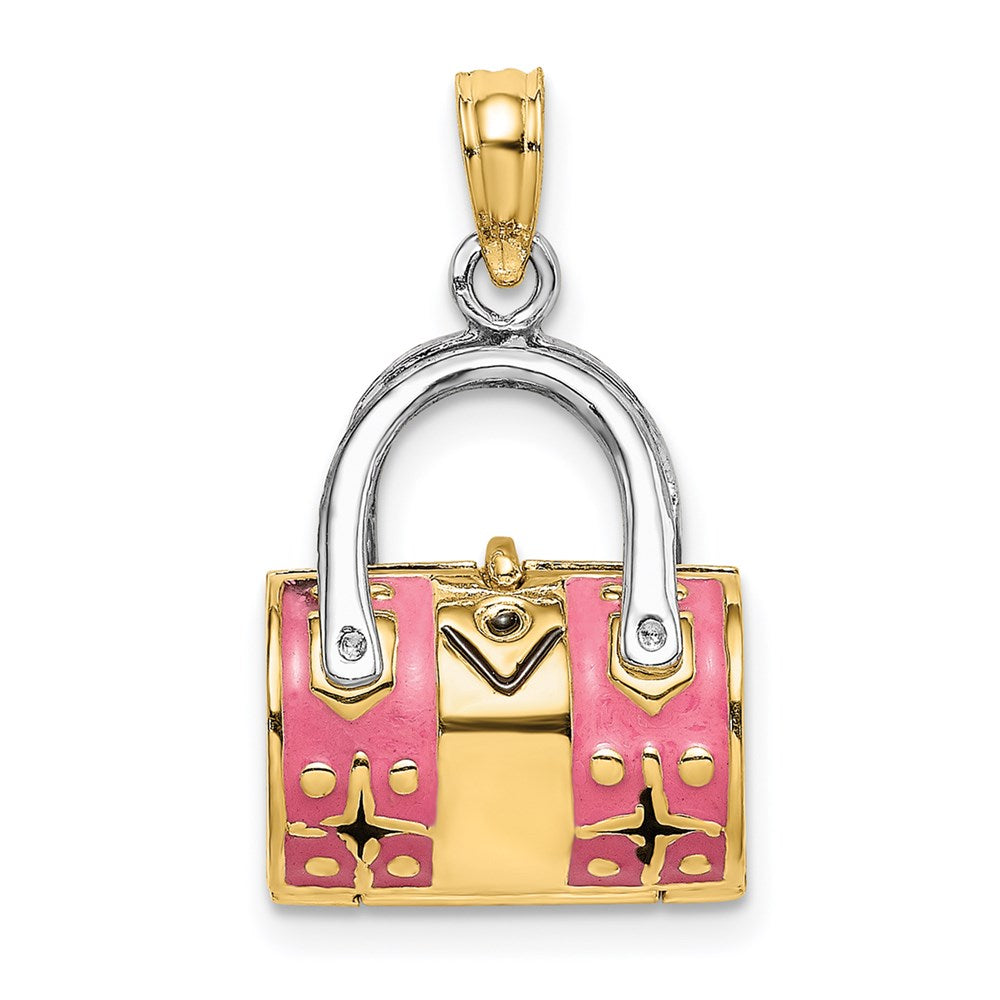 Image of ID 1 14k Yellow & Rhodium Gold & Rhodium 3-D Pink Enameled Handbag Opens Charm