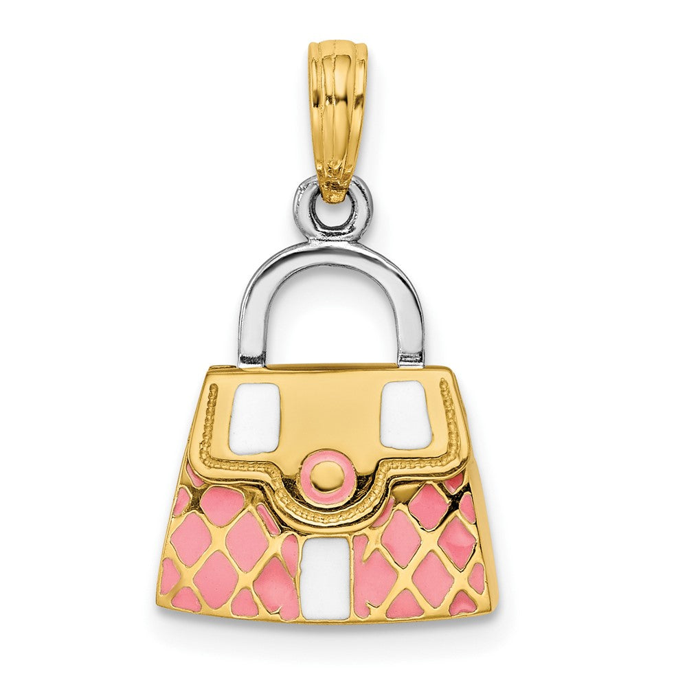 Image of ID 1 14k Yellow & Rhodium Gold & Rhodium 3-D Pink Opens Quilted Handbag Charm