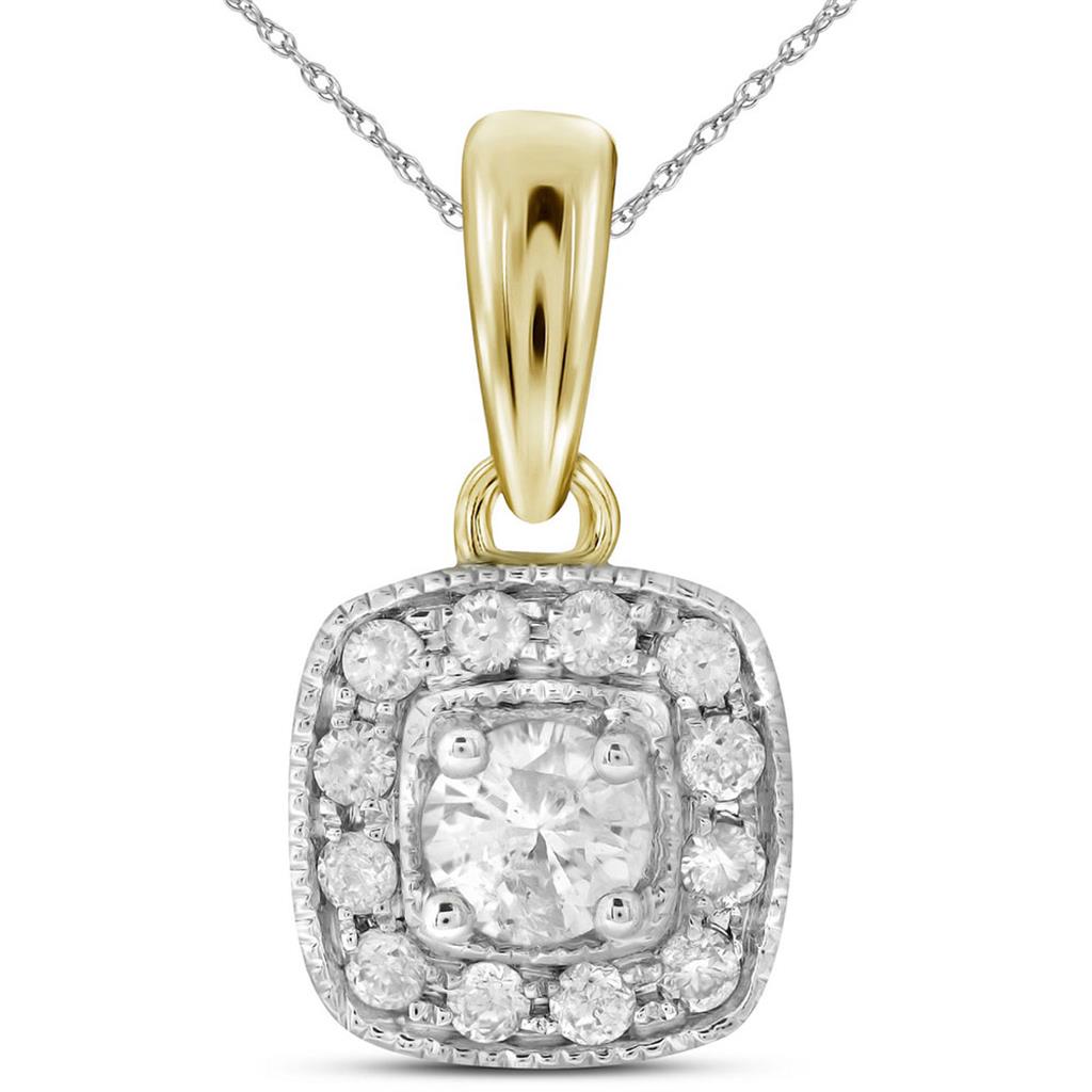 Image of ID 1 14kt Yellow Gold Round Diamond Solitaire Square Halo Pendant 1/4 Cttw