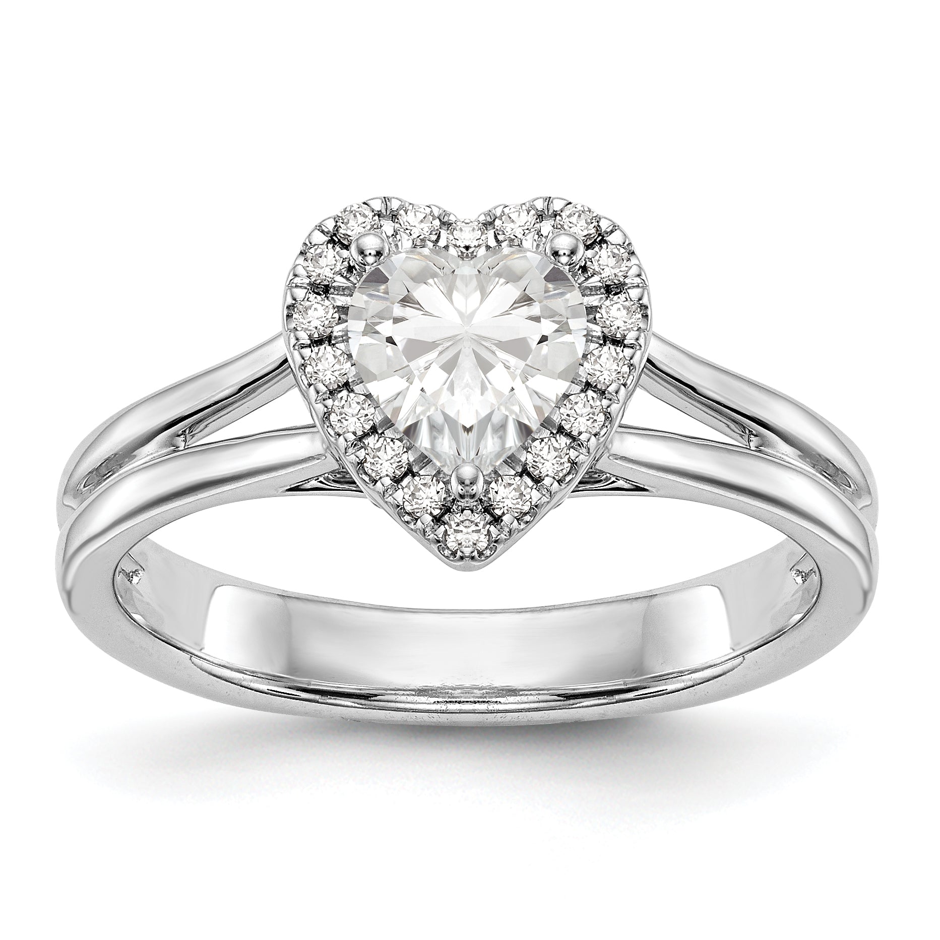 Image of ID 1 14kw Heart Halo Simulated Diamond Split Shank Engagement Ring