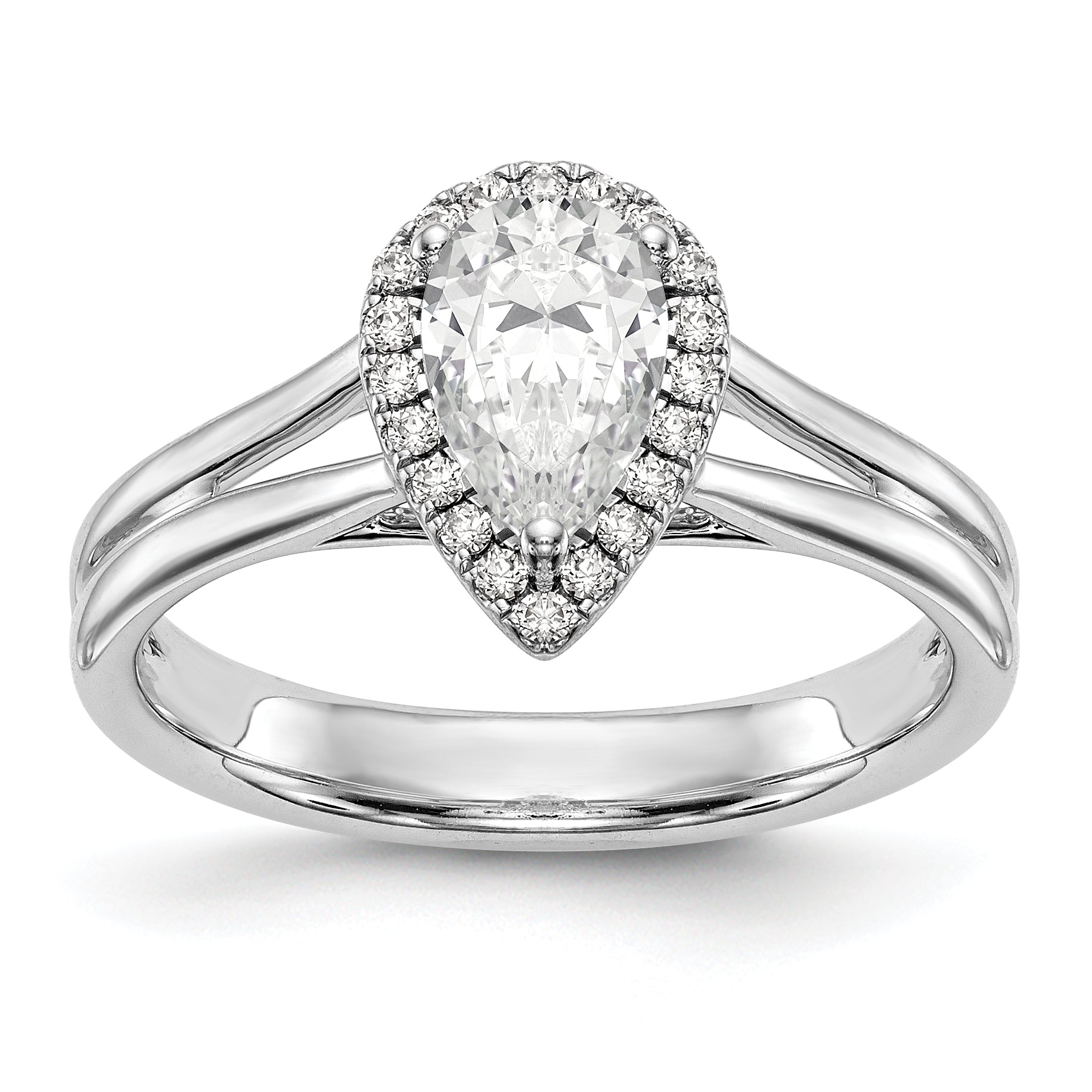 Image of ID 1 14kw Pear Halo Simulated Diamond Split Shank Engagement Ring