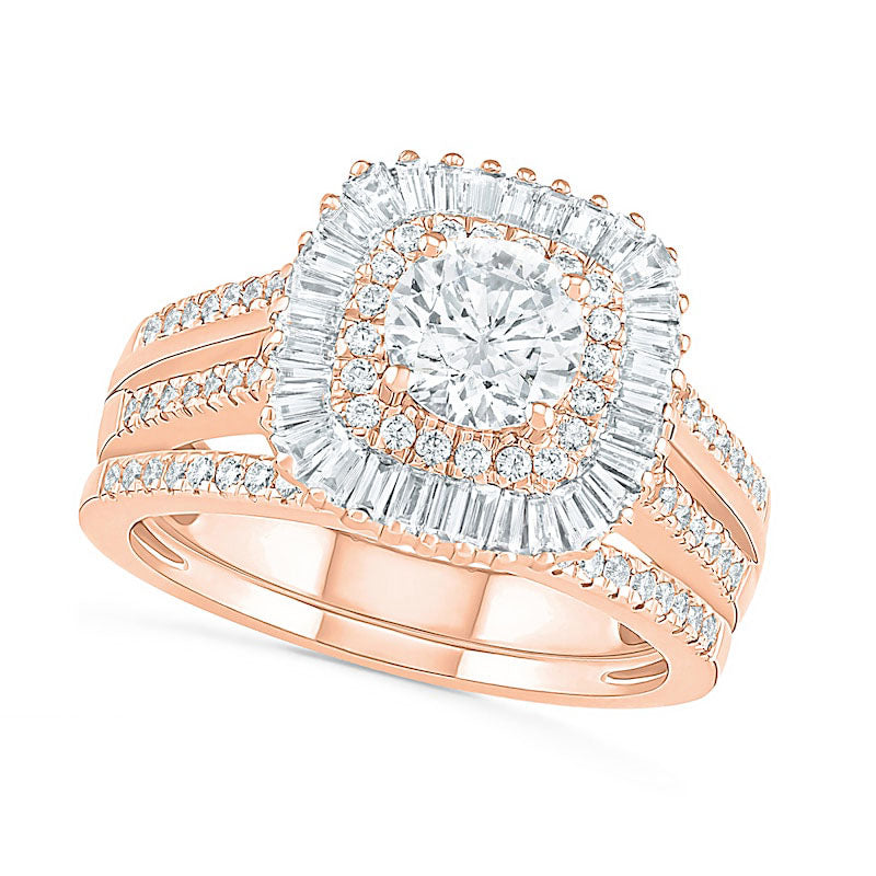 Image of ID 1 15 CT TW Baguette and Round Natural Diamond Cushion-Shaped Sunburst Frame Bridal Engagement Ring Set in Solid 10K Rose Gold