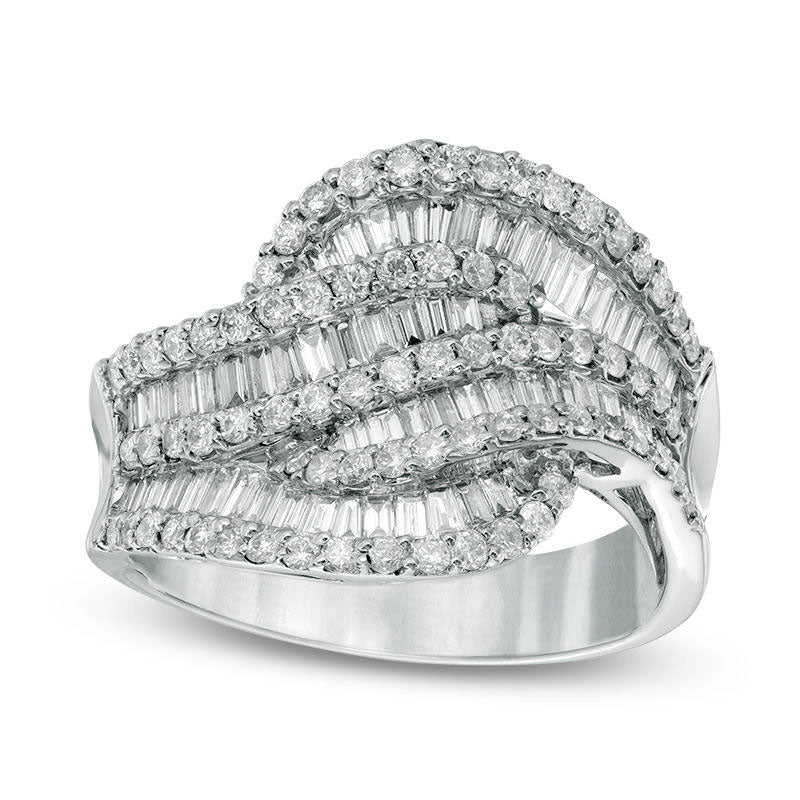 Image of ID 1 15 CT TW Baguette and Round Natural Diamond Layered Wave Ring in Solid 10K White Gold