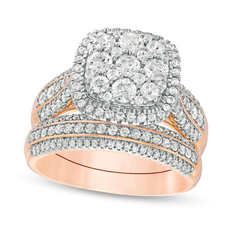 Image of ID 1 15 CT TW Composite Natural Diamond Cushion Frame Multi-Row Bridal Engagement Ring Set in Solid 10K Rose Gold