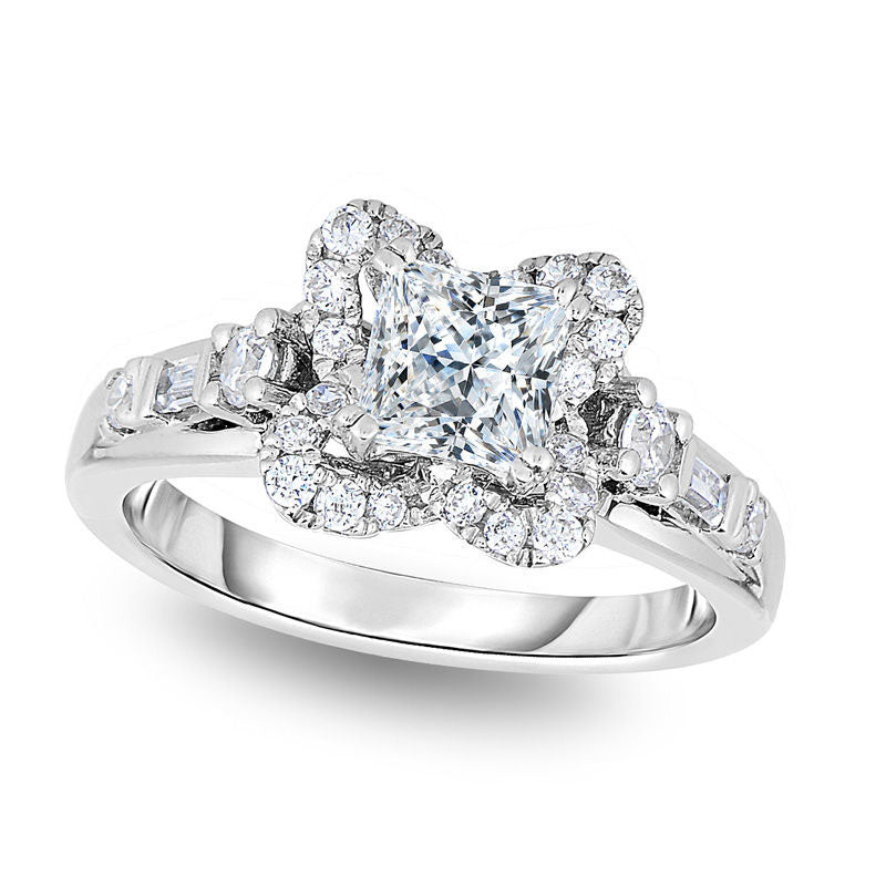 Image of ID 1 15 CT TW Cushion-Cut Natural Diamond Flower Frame Engagement Ring in Solid 14K White Gold