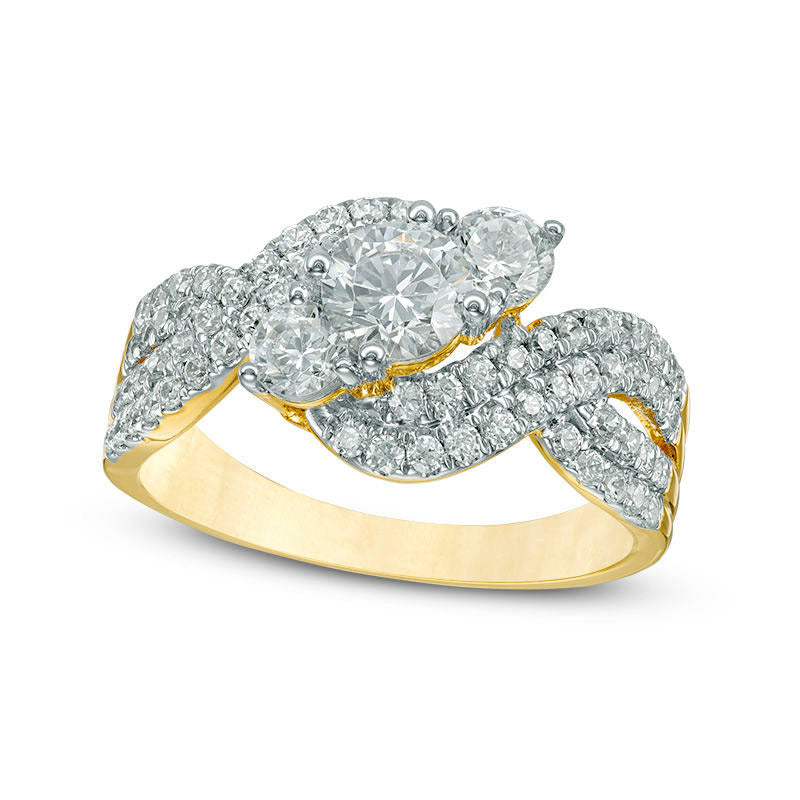 Image of ID 1 15 CT TW Natural Diamond Three Stone Slant Wave Engagement Ring in Solid 10K Yellow Gold