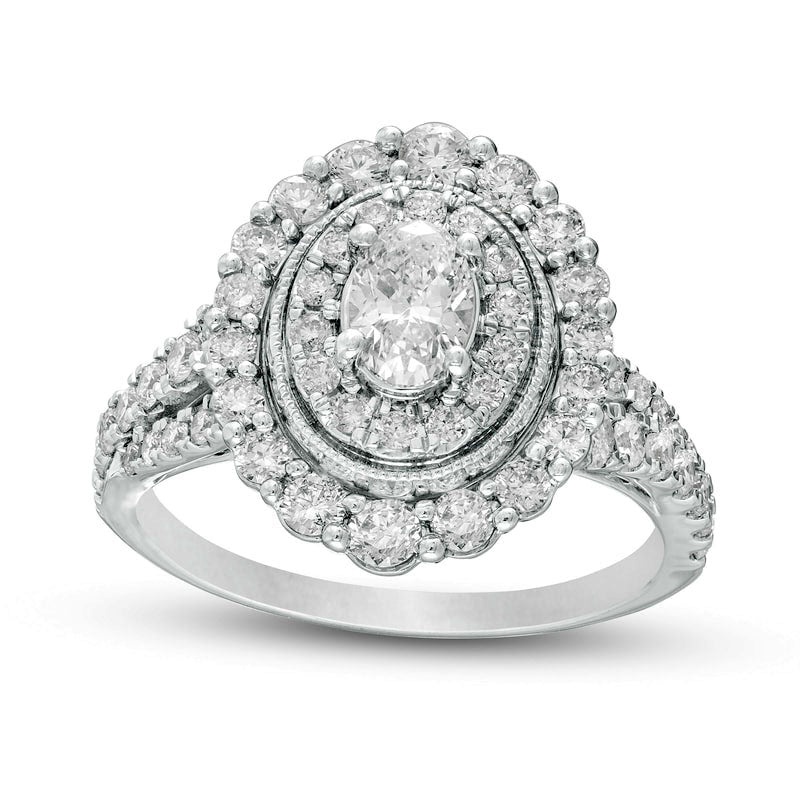Image of ID 1 15 CT TW Oval Natural Diamond Double Frame Antique Vintage-Style Engagement Ring in Solid 14K White Gold