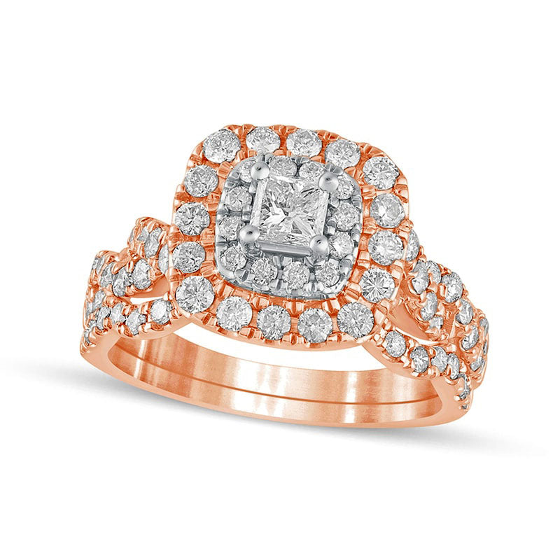 Image of ID 1 15 CT TW Princess-Cut Natural Diamond Double Cushion Frame Twist Shank Bridal Engagement Ring Set in Solid 10K Rose Gold