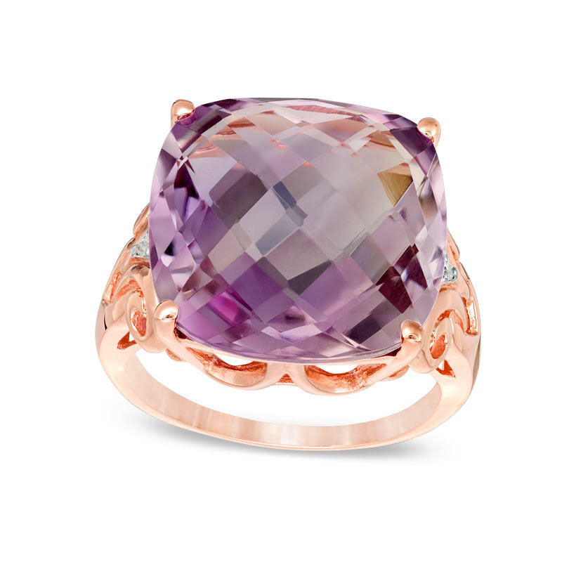 Image of ID 1 150mm Cushion-Cut Rose de France Amethyst and Natural Diamond Accent Filigree Ring in Solid 10K Rose Gold