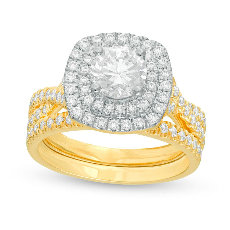 Image of ID 1 163 CT TW Natural Diamond Double Cushion Frame Twist Shank Bridal Engagement Ring Set in Solid 14K Gold