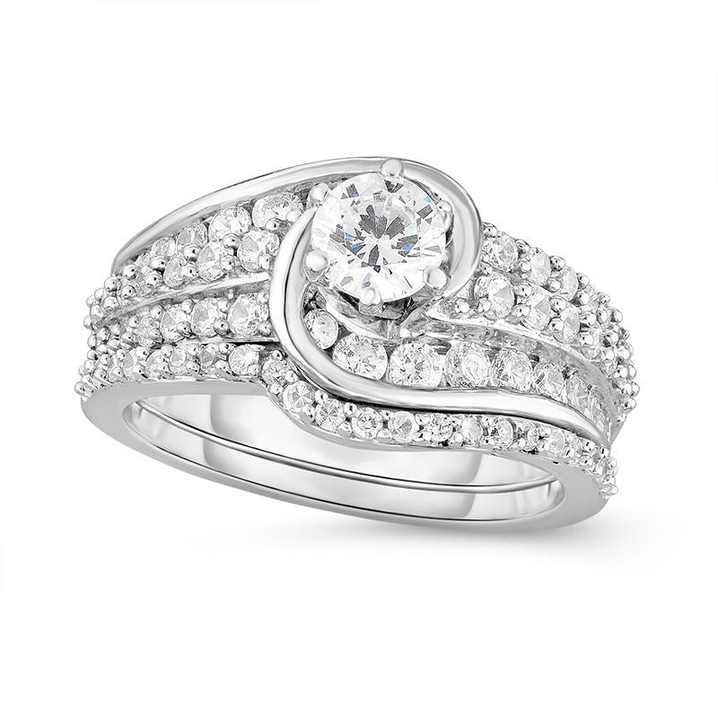 Image of ID 1 163 CT TW Natural Diamond Slant Swirl Bridal Engagement Ring Set in Solid 14K White Gold