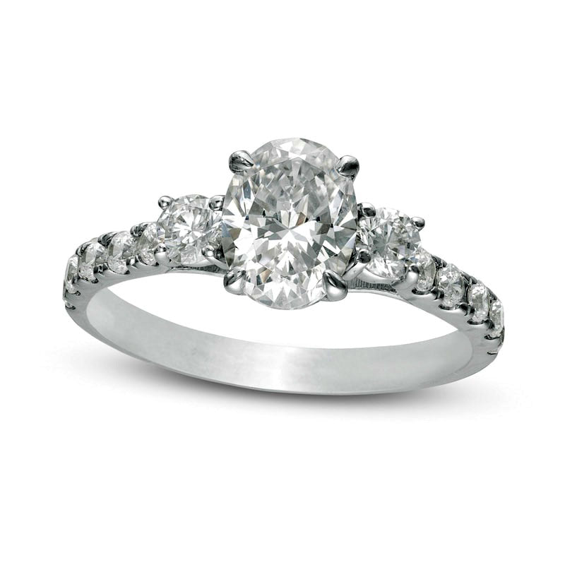Image of ID 1 175 CT TW Oval and Round Natural Diamond Three Stone Engagement Ring in Solid 14K White Gold
