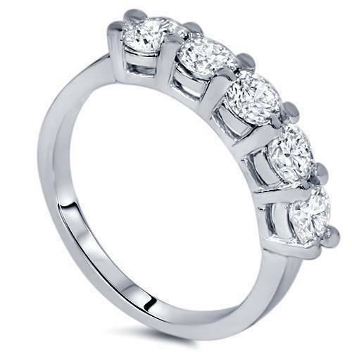 Image of ID 1 1ct Five Stone Genuine Round Diamond Wedding Anniversary Ring 8K White Gold