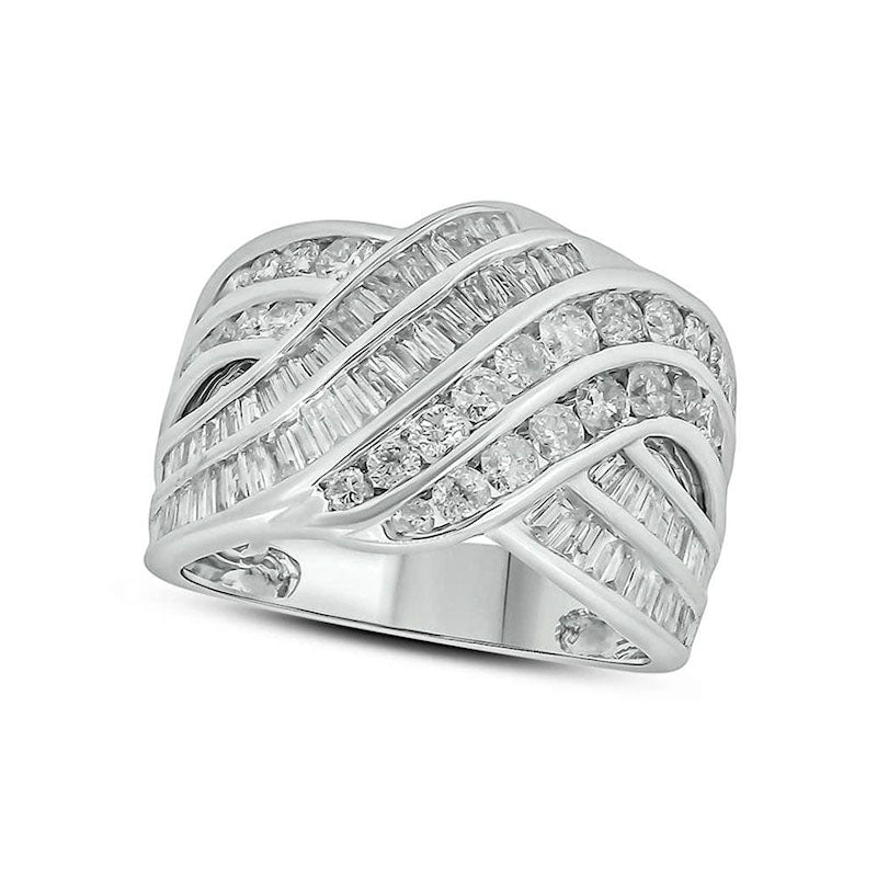 Image of ID 1 20 CT TW Baguette and Round Natural Diamond Multi-Row Bypass Ring in Solid 10K White Gold