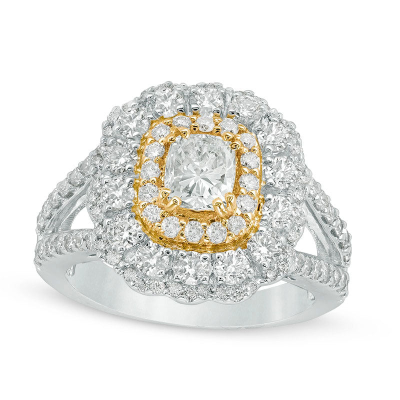 Image of ID 1 20 CT TW Cushion-Cut Natural Diamond Double Frame Ring in Solid 14K Two-Tone Gold (I/I1)