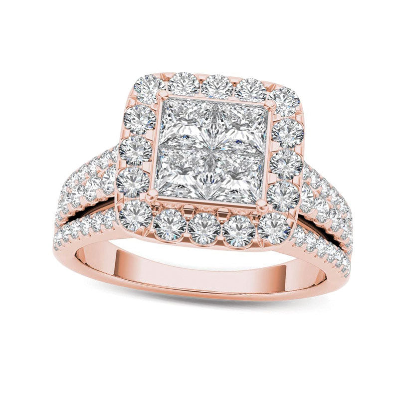 Image of ID 1 20 CT TW Quad Princess-Cut Natural Diamond Frame Engagement Ring in Solid 14K Rose Gold