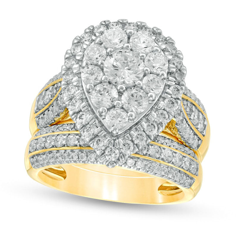 Image of ID 1 25 CT TW Composite Natural Diamond Pear-Shaped Multi-Row Bridal Engagement Ring Set in Solid 10K Yellow Gold