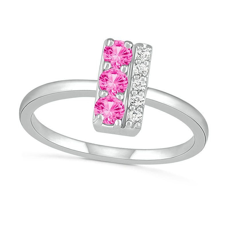 Image of ID 1 30mm Lab-Created Pink and White Sapphire Double Row Bar Ring in Sterling Silver
