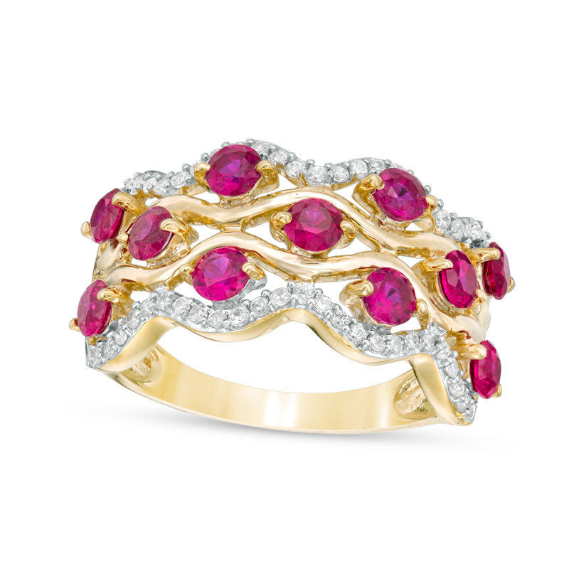Image of ID 1 30mm Lab-Created Ruby and 025 CT TW Diamond Multi-Row Wave Ring in Solid 10K Yellow Gold