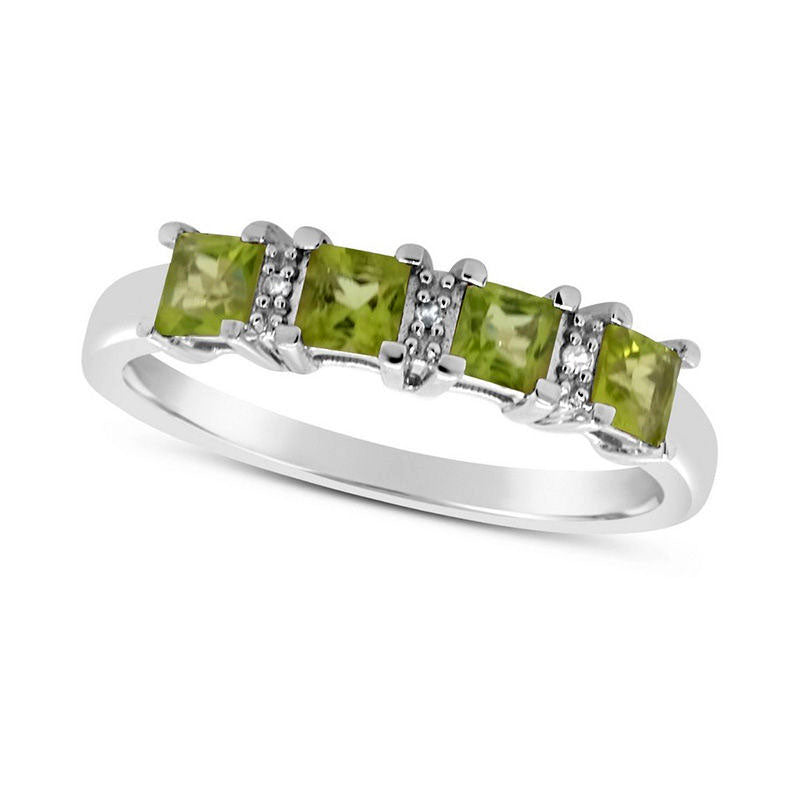 Image of ID 1 30mm Princess-Cut Peridot and Natural Diamond Accent Alternating Four Stone Ring in Sterling Silver