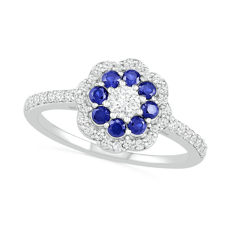 Image of ID 1 34mm White and Blue Lab-Created Sapphire Double Frame Flower Ring in Sterling Silver
