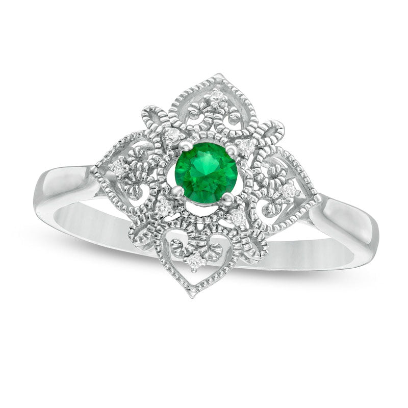 Image of ID 1 35mm Lab-Created Emerald and Diamond Accent Filigree Heart Antique Vintage-Style Kite Ring in Sterling Silver