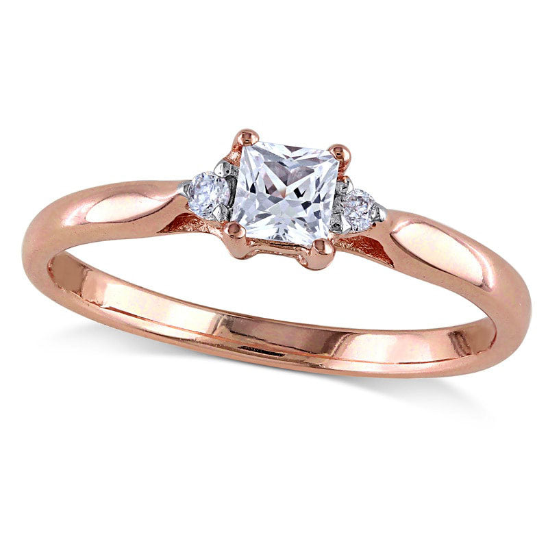 Image of ID 1 35mm Princess-Cut Lab-Created White Sapphire and 005 CT TW Diamond Promise Ring in Rose Rhodium Sterling Silver
