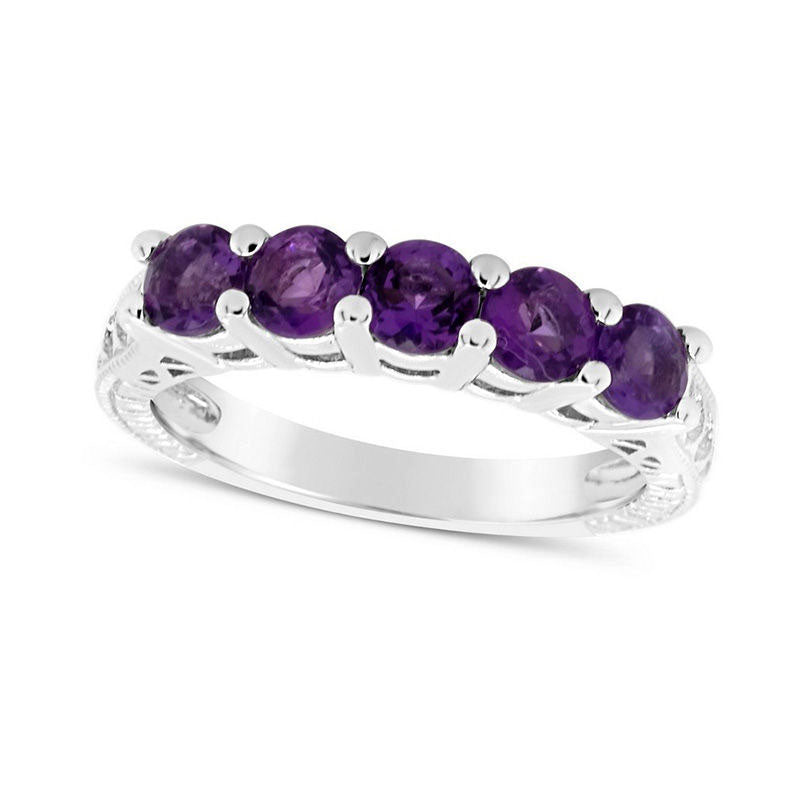 Image of ID 1 40mm Amethyst Five Stone Antique Vintage-Style Ring in Sterling Silver