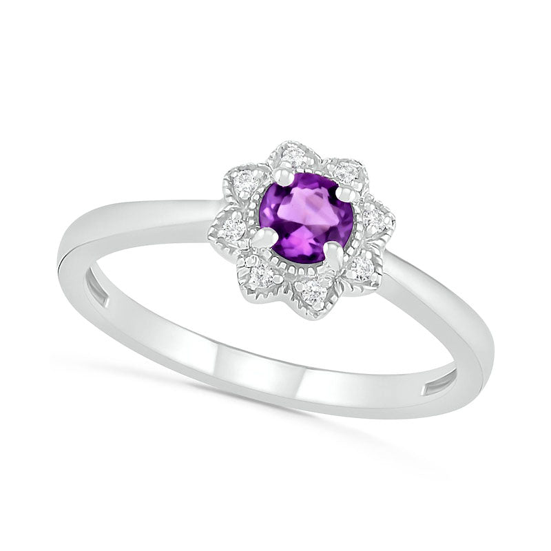 Image of ID 1 40mm Amethyst and 005 CT TW Natural Diamond Antique Vintage-Style Flower Ring in Sterling Silver