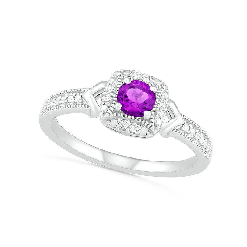 Image of ID 1 40mm Amethyst and 005 CT TW Natural Diamond Cushion Frame Chevron Side Accent Antique Vintage-Style Ring in Sterling Silver