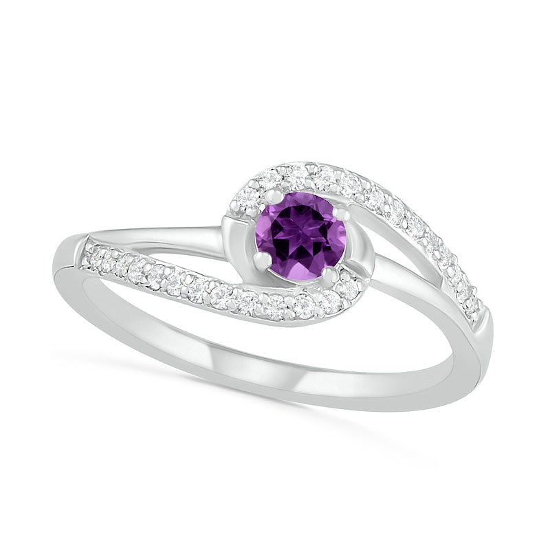 Image of ID 1 40mm Amethyst and Lab-Created White Sapphire Bypass Swirl Frame Split Shank Ring in Sterling Silver