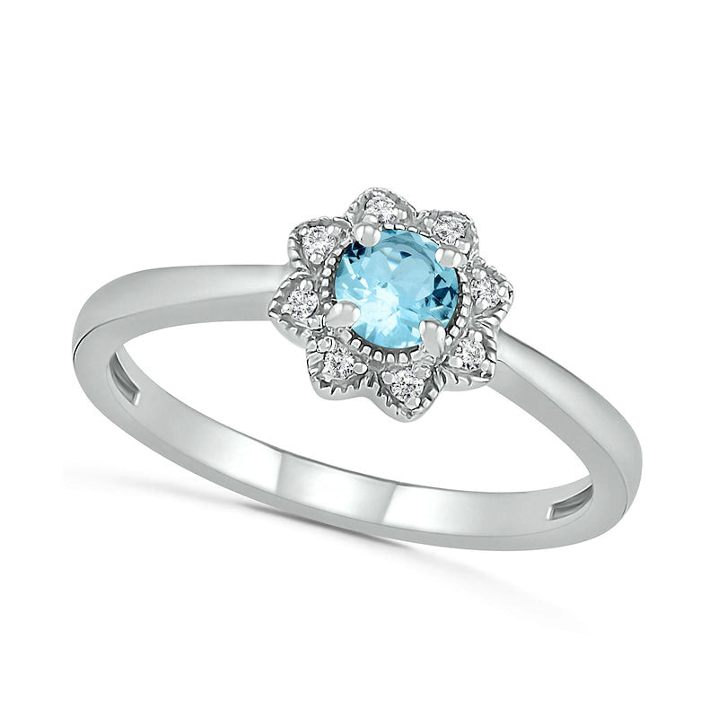 Image of ID 1 40mm Aquamarine and 005 CT TW Natural Diamond Antique Vintage-Style Flower Ring in Sterling Silver