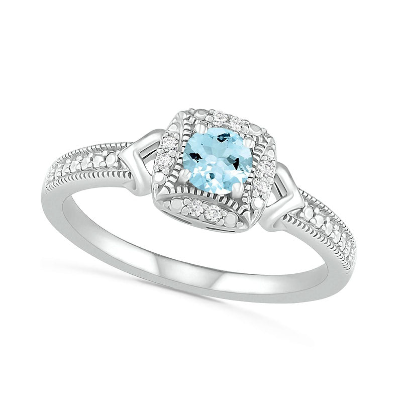 Image of ID 1 40mm Aquamarine and 005 CT TW Natural Diamond Cushion Frame Chevron Side Accent Antique Vintage-Style Ring in Sterling Silver