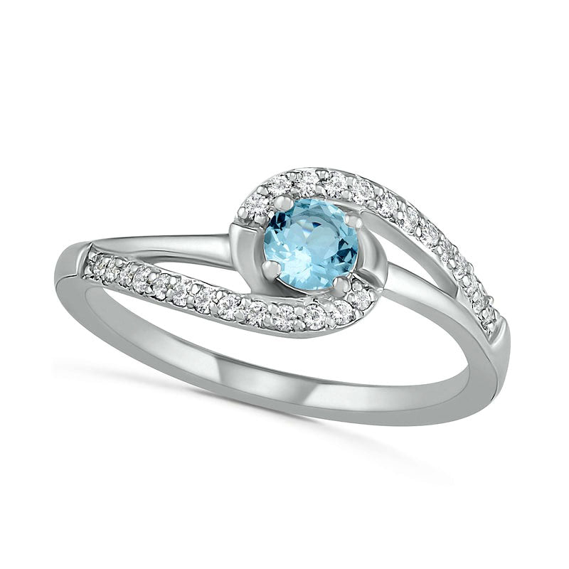 Image of ID 1 40mm Aquamarine and Lab-Created White Sapphire Bypass Swirl Frame Split Shank Ring in Sterling Silver