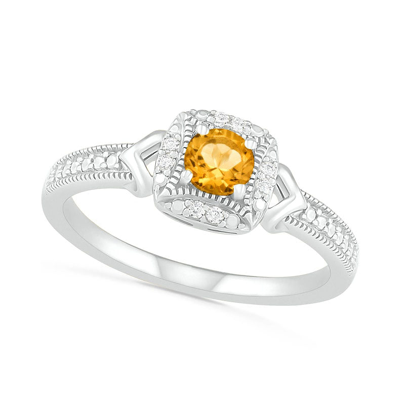 Image of ID 1 40mm Citrine and 005 CT TW Natural Diamond Cushion Frame Chevron Side Accent Antique Vintage-Style Ring in Sterling Silver
